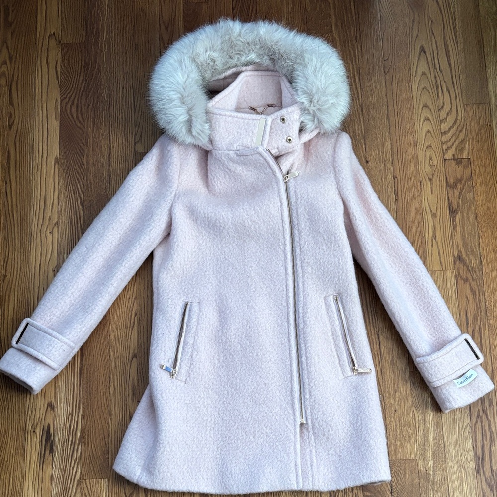 Calvin Klein Pink Women's Coat with Faux Fur Hood
